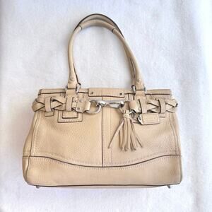 Vintage Coach Legacy Leather Satchel Tote Beige Woven Belt  Tassel Charm Y2K